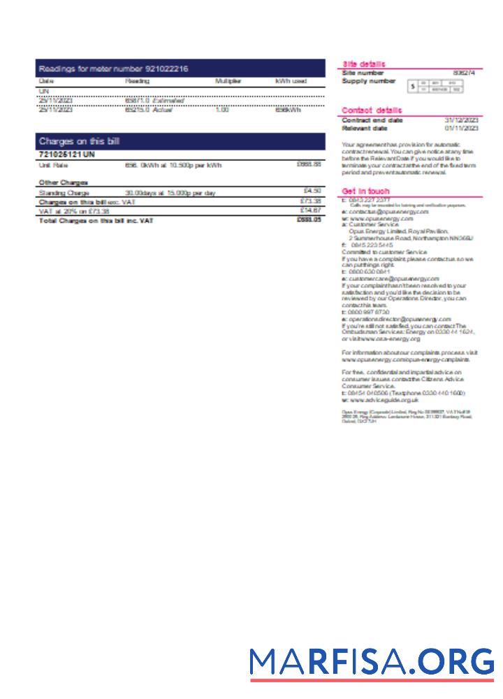 Realistic Opus Energy electricity utility business bill, page 2, SCR example